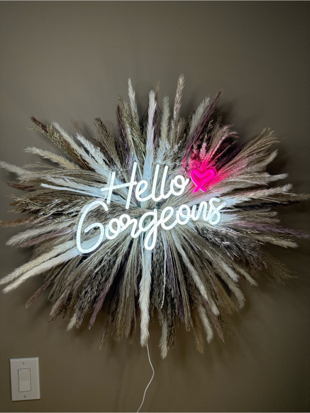 Hello Gorgeous LED Neon Sign with Pampas Grass